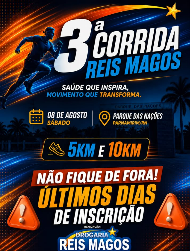 Cartaz oficial da 3ª Corrida Drogaria Reis Magos 2026 destacando os percursos de 5 km e 10 km, data de 8 de agosto, local em Parnamirim/RN e aviso sobre os últimos dias de inscrição.