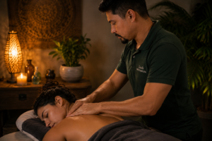 Massoterapeuta realizando massagem na região cervical para aliviar tensão muscular associada à dor de cabeça.
