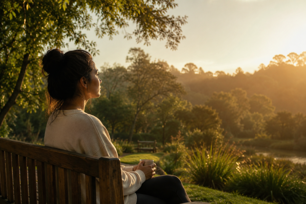 Mulher sentada em silêncio contemplando a natureza durante um momento de pausa e autocuidado.