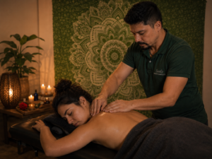 Pessoa recebendo tempo de massagem relaxante nas costas em ambiente tranquilo e acolhedor.