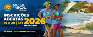 Arte oficial da Meia Maratona do Sol Sicredi 2026, marcada para 19 e 20 de setembro na Arena das Dunas, em Natal.