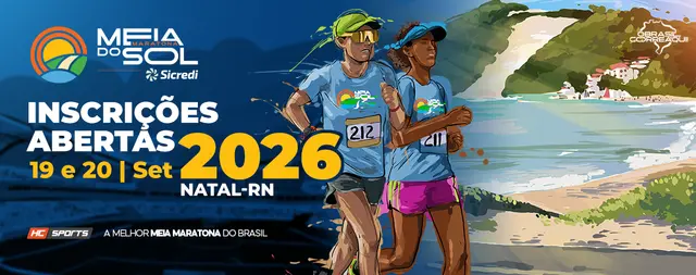 Arte oficial da Meia Maratona do Sol Sicredi 2026, marcada para 19 e 20 de setembro na Arena das Dunas, em Natal.