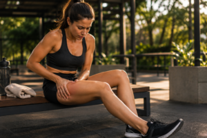 Mulher sentindo desconforto muscular nas coxas após um treino, representando a dor muscular tardia.
