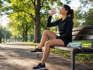Corredora descansando e se hidratando após uma corrida durante o período de recuperação muscular.