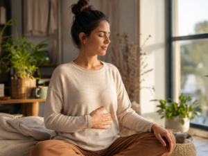 Mulher em momento de pausa e consciência corporal, representando a importância de perceber os sinais do próprio corpo.