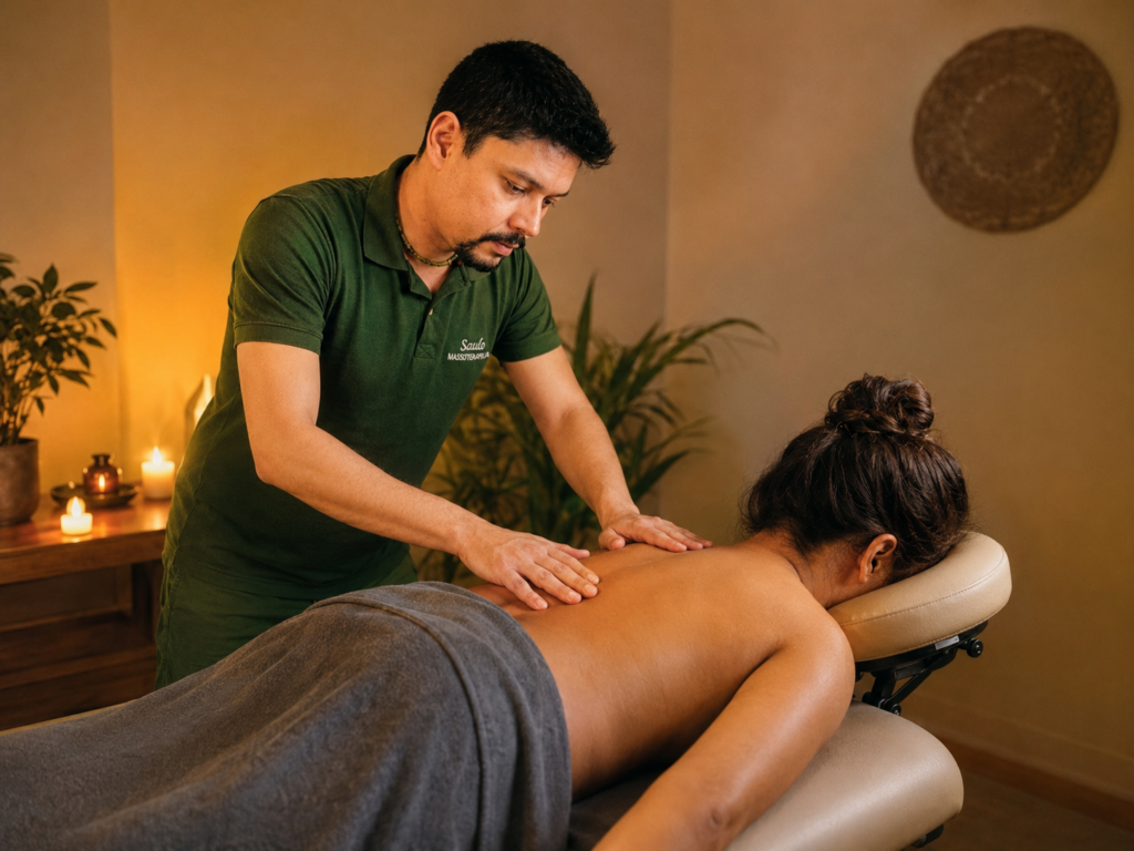 Mulher recebendo massagem relaxante em ambiente tranquilo, representando a relação entre relaxamento corporal e qualidade do sono.
