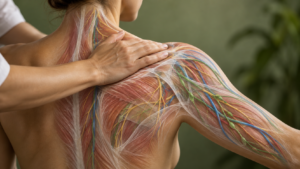 Massagem nas costas com ilustração dos sistemas nervoso, circulatório, musculoesquelético, linfático e fascial.