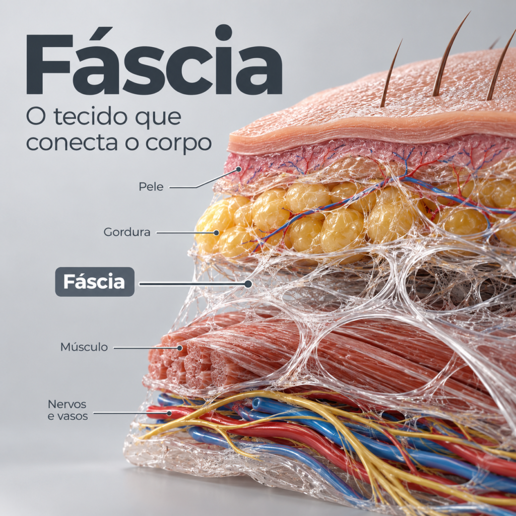 Ilustração anatômica mostrando fáscia entre pele, tecido adiposo, músculos, nervos e vasos.